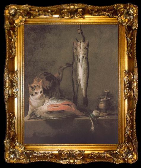 framed  Jean Baptiste Simeon Chardin Two cats salmon mackerel, ta009-2
